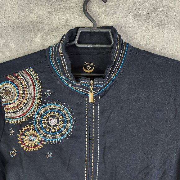 Womens Black Zenergy By Chicos Embroidered Beaded Jacket Full ZIp Size 3 (XL) - Picture 4 of 11